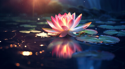Lotus flower on water surface with sunlight and bokeh. Generate AI