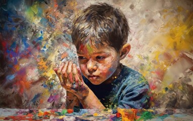 A small child against the background of a wall painted with graffiti. Autism in children