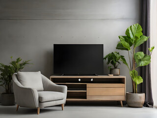 Concrete cabinet TV in modern living room with armchair and plant on concrete wall background