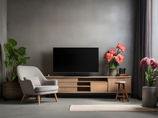 Cabinet TV in modern living room with armchair,lamp,table,flower and plant on concrete wall background