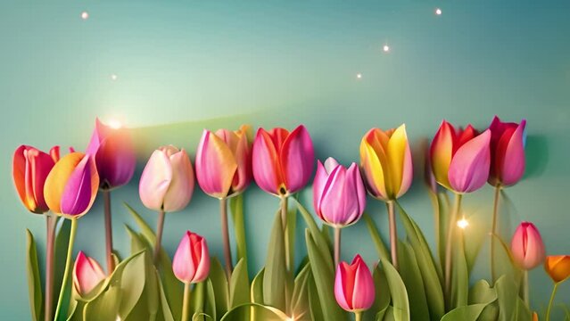 Tulips in various colors with the text Happy Easter on pastel background. Happy Easter background. Sparkling lights. Spring flowers,Holiday design Copy space