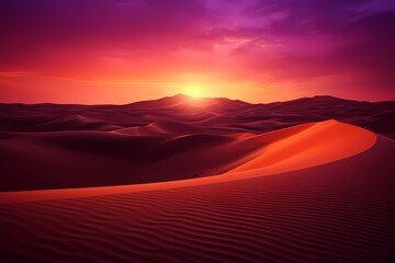 Surreal desert landscape with sand dunes under a gradient sky blending warm tones of amber and deep purple.