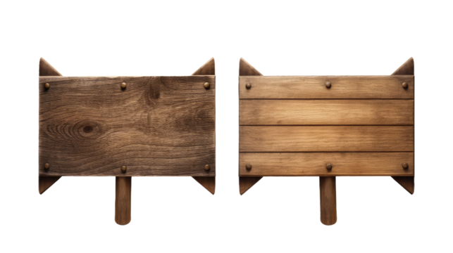 A blank wooden signpost, left and right arrows, isolated, white background