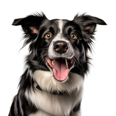 A border collie with black and white fur sits and sticks out its tongue, isolated