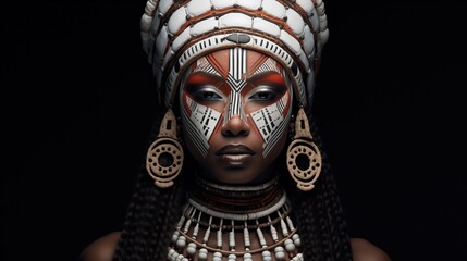 Makeup of tribal people, Patterns drawn on the face,  Beautiful female model, minimal Makeup, black skin, Negro, Beautiful eyes, dark background