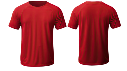 A red shirt with short sleeves in front and back view, mockup, isolated, white background