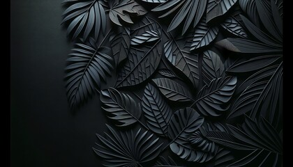 Enigmatic Black Leaves in Flat Lay Design Texured Background