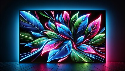 Futuristic Neon Leaves in Wide-Screen Art Backdrop