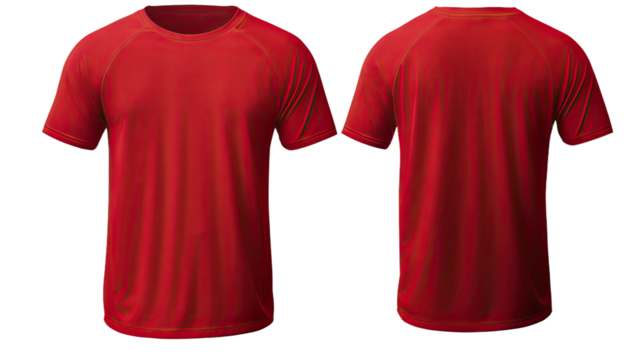 A red shirt with short sleeves in front and back view, mockup, isolated, white background