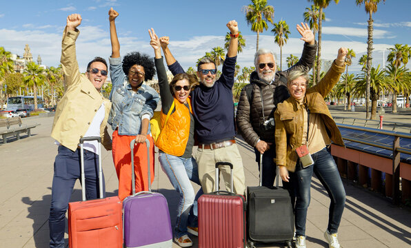 Group of diverse senior traveler having fun in a city during vacation