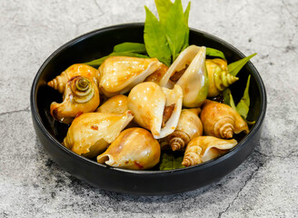snail steamed with lemongrass or oc nhay hap xa, bo toi, muoi tac stir fried gonggo served in dish isolated on grey background top view of singapore seafood