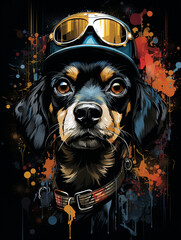 T-shirt design, a diligent black Dal dog, firefighter hat poised on its head, brought to life through digital mixed media created with Generative Ai