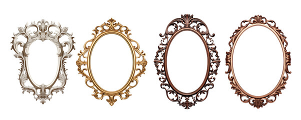 White, Golden and wooden frames on transparent background. Decorative elegant luxury design, frame set, collection, rococo style, isolated on transparent background