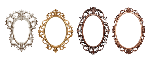 White, Golden and wooden frames on transparent background. Decorative elegant luxury design, frame set, collection, rococo style, isolated on transparent background