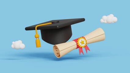 3D investing in education concept. Graduation ceremony hat with degree or diploma certificate. Goal, achievement, business graduation. Graduate cap with tassel and diploma roll. 4k 3d loop animation