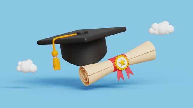 3D investing in education concept. Graduation ceremony hat with degree or diploma certificate. Goal, achievement, business graduation. Graduate cap with tassel and diploma roll. 4k 3d loop animation