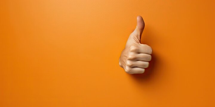 An arm sticks out of an orange wall and shows a thumbs up