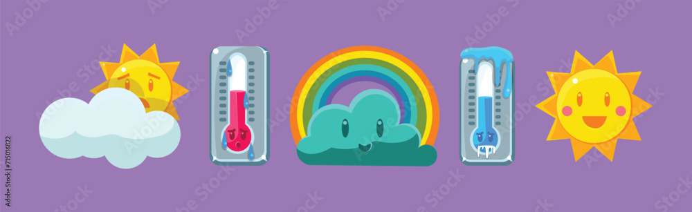 Poster thermometer, cloud and sun character as weather and meteorology element vector set