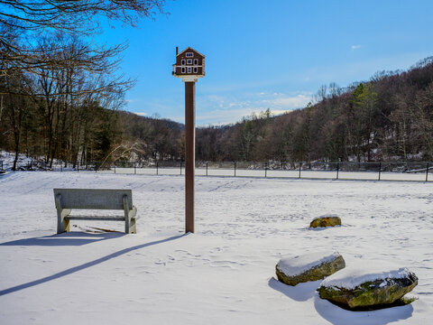 Snow on the forest hill with a birdhouse on the pole, an empty bench, and rocks, winter landscape at Tarrywile Park in Danbury, Connecticut, USA
