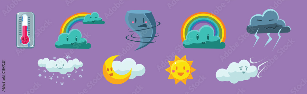 Poster childish weather and meteorology character element vector set