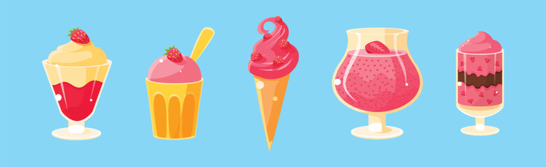 Ice Cream and Pudding in Glass as Sweet Dessert Vector Set