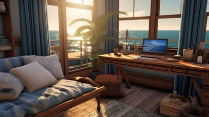 Serene Coastal-Inspired Home Office with Reclaimed Wood Decor and Abundant Natural Light - AI-Generative