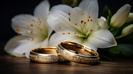 Wedding rings and white lilies on a wooden table. Generate AI
