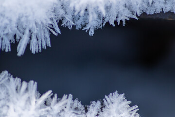 Ice crystals macro in close-up view shows beautiful ice structures of frozen water with spikey...
