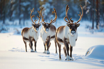 Reindeers in natural environment, Lapland, north Sweden, during winter