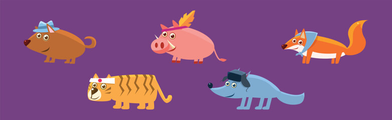 Funny Animal Character Wearing Hat Vector Set