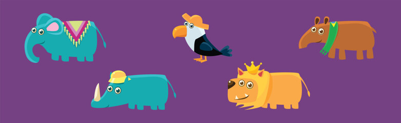 Funny Animal Character Wearing Head Accessory Vector Set