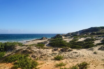 Fototapeta na wymiar view of the beautiful coastline at the Punta Paloma beach with dunes near Valdevaqueros, Tarifa, Andalusia, province of Cádiz, Spain 