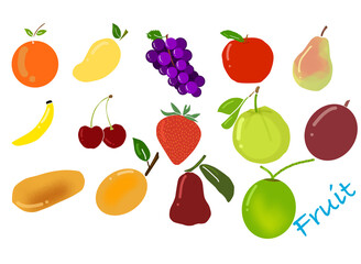 Berries and fruits in cartoon style. Pitaya, pomegranate, strawberries, grapes, currants and blueberries. apple, orange,  fruits set.