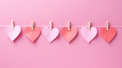 String with wooden clothes pegs attached with cute paper love hearts. Red and pink hearts on a pink background. Love and Valentine's Day themed. Generative AI