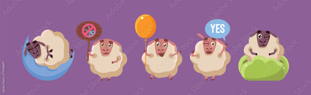 Poster funny sheep character in different action on purple background vector set