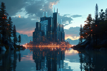 Fototapeta premium Futuristic data lakehouse concept with a holographic cityscape on a serene lake reflecting cutting-edge data integration