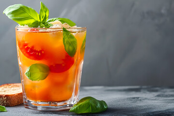 Cocktail with parmesan, tomato and basil in a glass on gray background. Meals as drinks, copy space