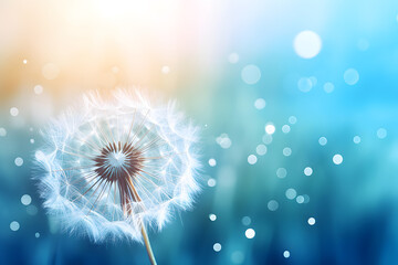 Fototapeta premium Dandelion seeds in water drops on blue background with soft focus in macro closeup.