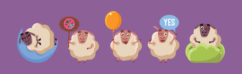 Funny Sheep Character in Different Action on Purple Background Vector Set