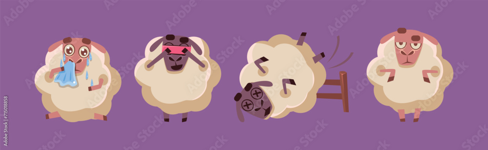 Poster funny sheep character in different action on purple background vector set