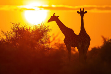 Two giraffes in the bush at sunset, Etosha National Park, Namibia, Africa