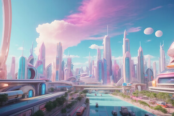 colourful pastel animation of a futuristic city, cartoon-style designs. - obrazy, fototapety, plakaty
