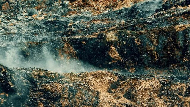 Geothermal geysir area with steaming hot springs, hot water streams. Gas coming out of the earth and rocks in a volcanic scene without people. Iceland New Zealand United States Russia and China