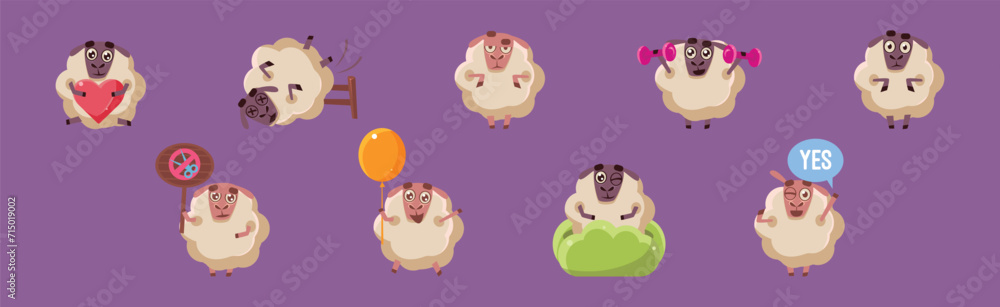 Poster funny sheep character in different action on purple background vector set