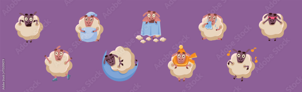Poster funny sheep character in different action on purple background vector set