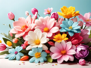 Colourful spring flowers with white copy space. Beautiful mockup spring background Illustration design.