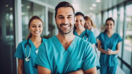 Portrait of a smiling happy male medical doctor or nurse and team standing in hospital, Medical concept. - obrazy, fototapety, plakaty