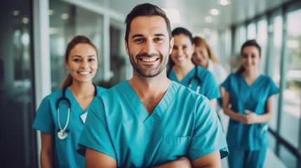 Poster Portrait of a smiling happy male medical doctor or nurse and team standing in hospital, Medical concept. © Thanaphon