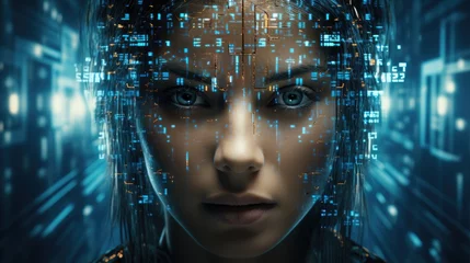 Fotobehang Cyberhumanoid girl robot with blue eyes and binary code represents AI, artificial intelligence and future technology.. © Thanaphon