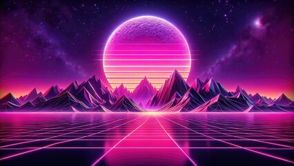 Abstract retro sci-fi grid 80's, 90's neon colors night and sunset, vintage cyberpunk illustration, retro synthwave style neon landscape background. - obrazy, fototapety, plakaty